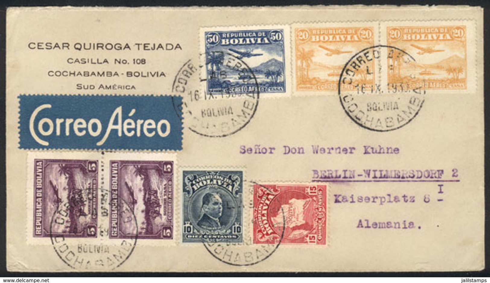 844 BOLIVIA: 16/SE/1930 Cochabamba - Germany, Cover Carried On 5th Flight To Rio De Janeiro, VF Quality! - Bolivien