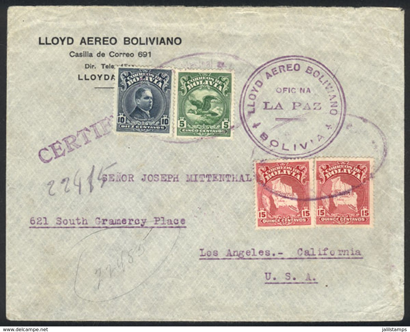 845 BOLIVIA: Airmail Cover Carried By LAB From La Paz To Los Angeles (USA) In SE/1930 Franked With 45c., Dispatched From - Bolivia