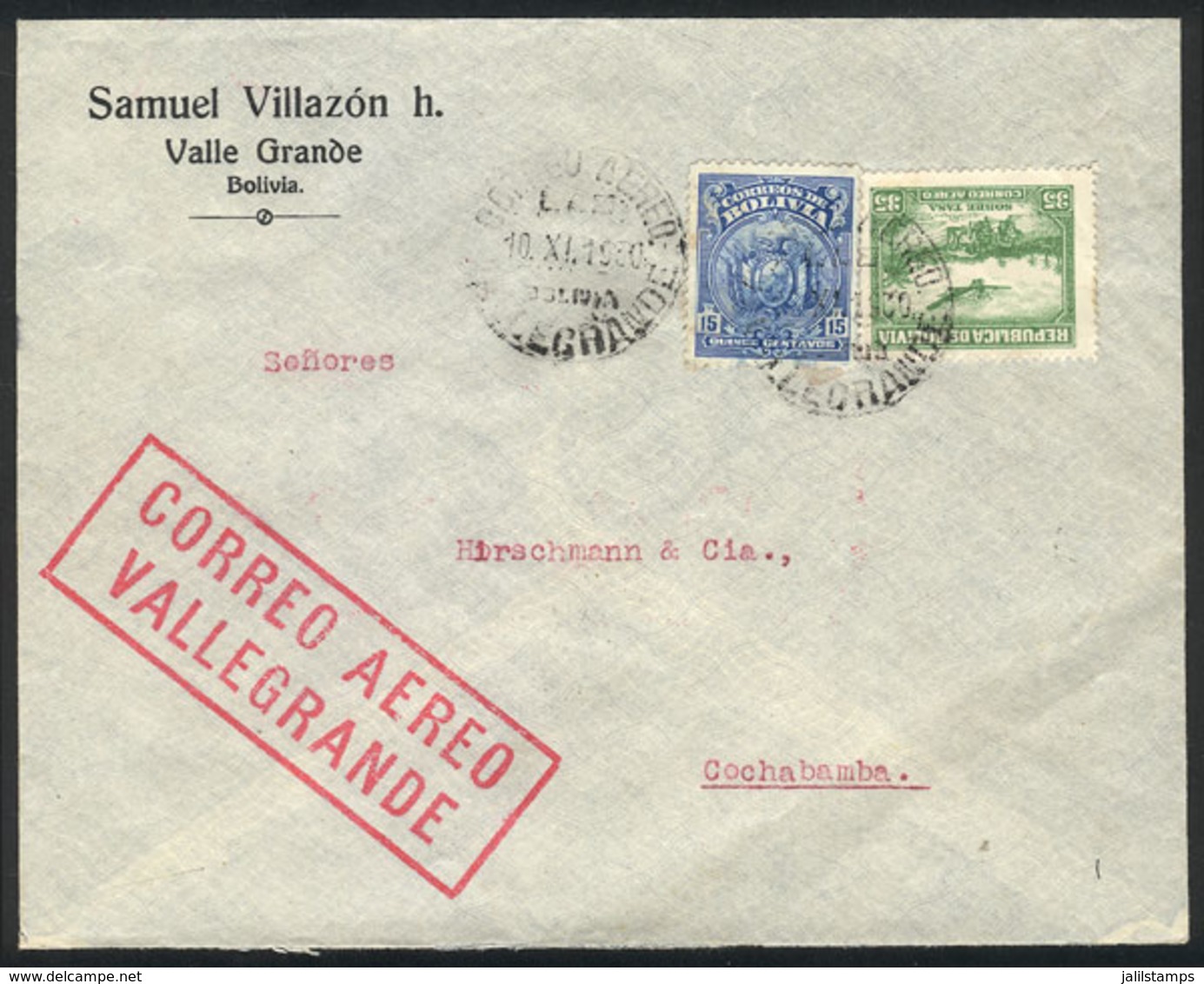 846 BOLIVIA: Airmail Cover Sent From Valle Grande To Cochabamba On 10/NO/1930 By LAB, Franked With 50c., With Arrival Ba - Bolivien