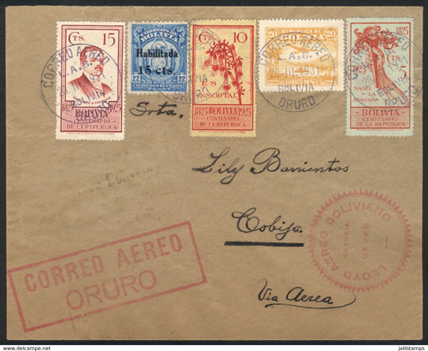 847 BOLIVIA: Cover Flown From Oruro To Riveralta On 20/MAR/1931 By LAB And From There To Final Destination (Cobija) By L - Bolivië