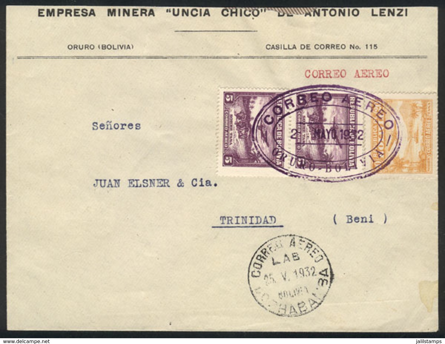 849 BOLIVIA: Cover Flown By LAB From Oruro To Trinidad On 25/MAY/1932 (error In The Postmark Date), Transit Mark Of Coch - Bolivia