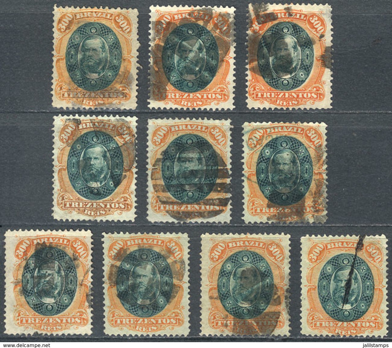 867 BRAZIL: Sc.66, 10 Used Stamps, Interesting Cancels, Catalog Value US$250, VF General Quality! - Other & Unclassified