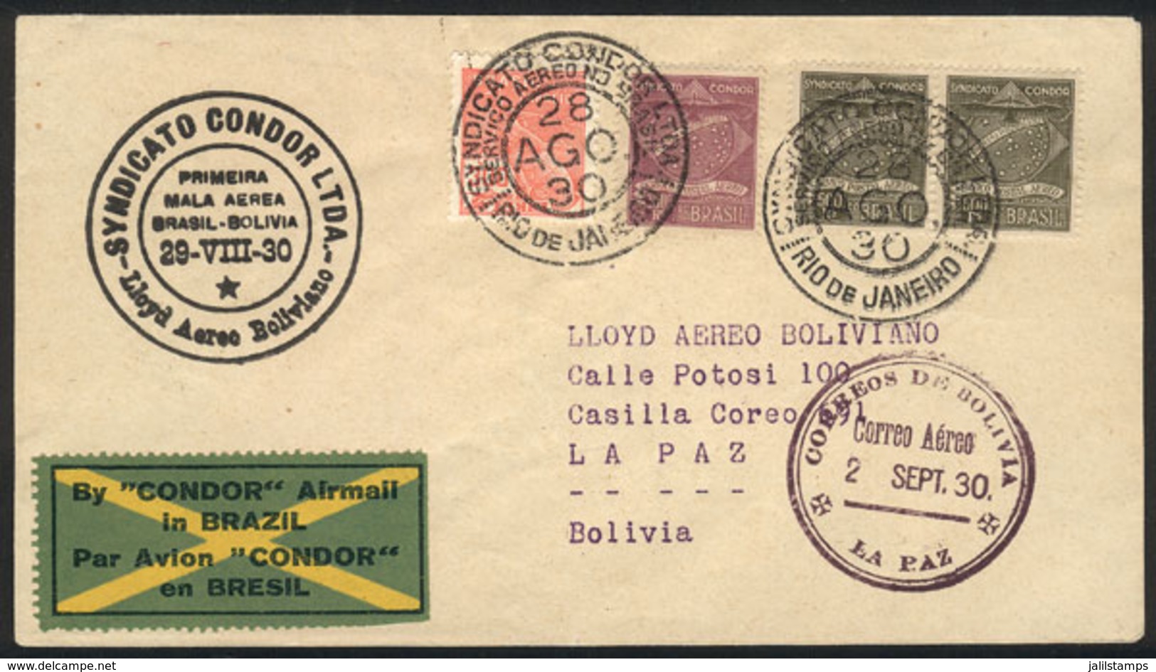 909 BRAZIL: 28/AU/1930 Brazil - Bolivia First Airmail By Condor + LAB (Mü.81), With La Paz Arrival Mark Of 2/SE, Excelle - Other & Unclassified