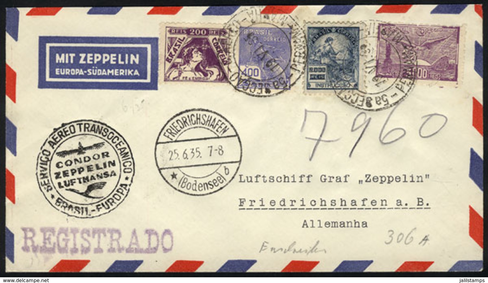 916 BRAZIL: Cover Flown By ZEPPELIN, Sent From Rio De Janeiro To Germany On 19/JUN/1935, VF Quality! - Altri & Non Classificati