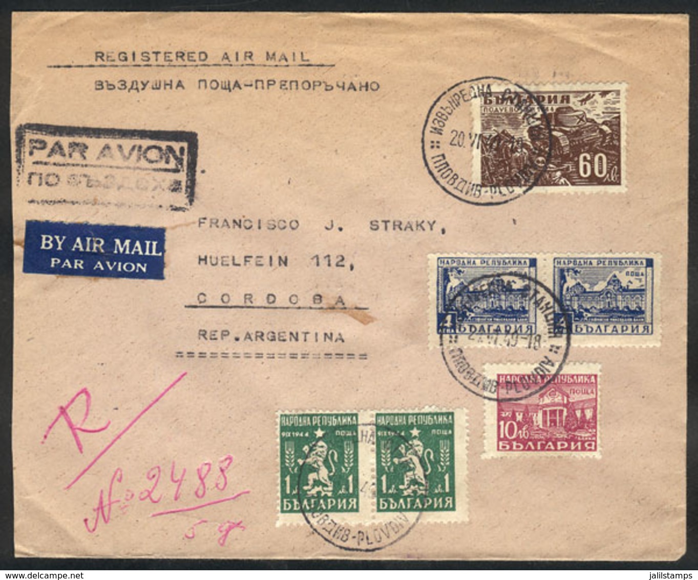 961 BULGARIA: Registered Cover Sent From Plovdiv To Argentina On 20/JUN/1949, Very Nice! - Other & Unclassified