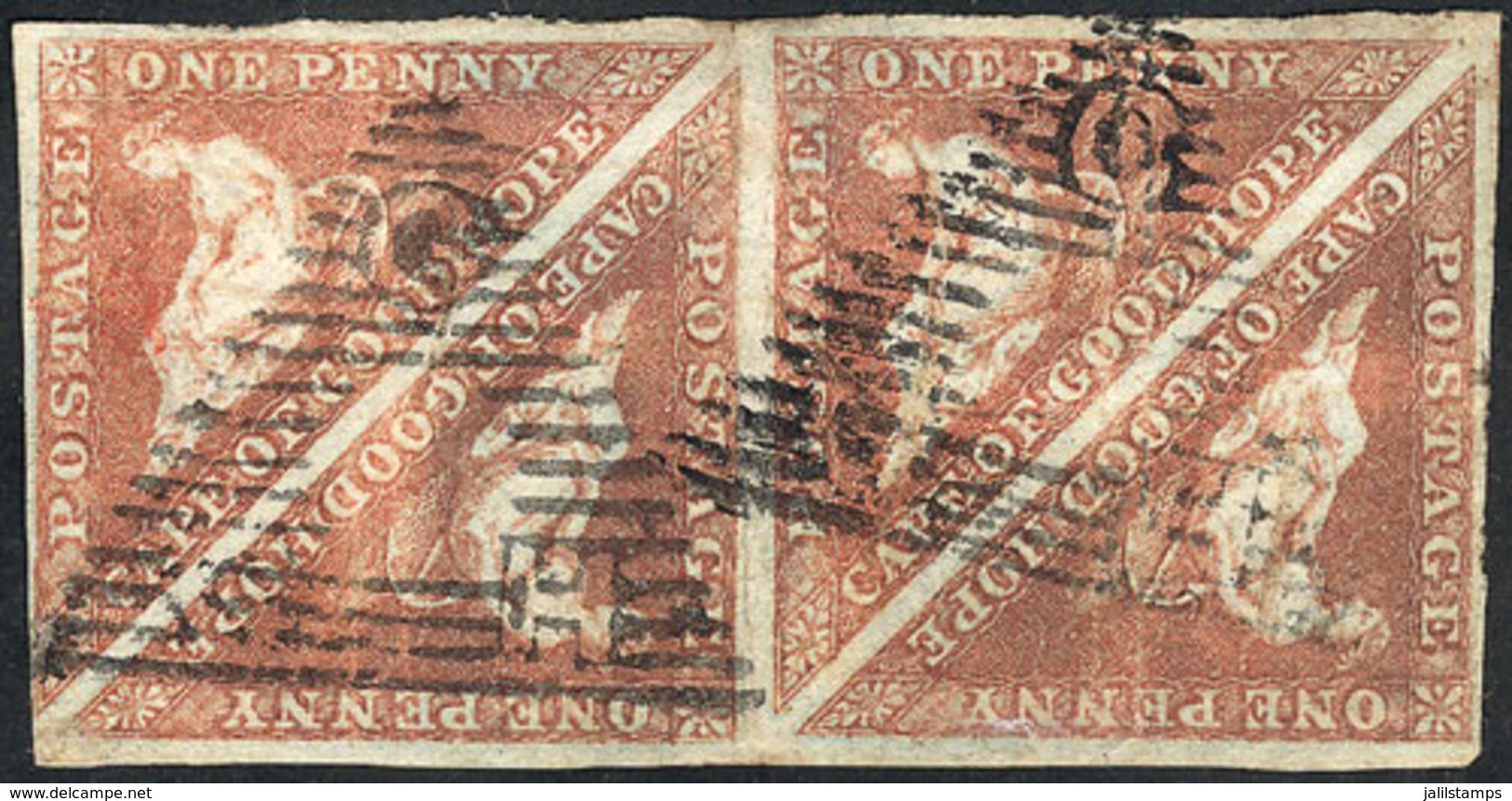 964 CAPE OF GOOD HOPE: Sc.1, 1853 1p. Brick Red Printed On Bluish Paper, Nice Used Block Of 4, With Some Pressed Out Cre - Africa (Other)