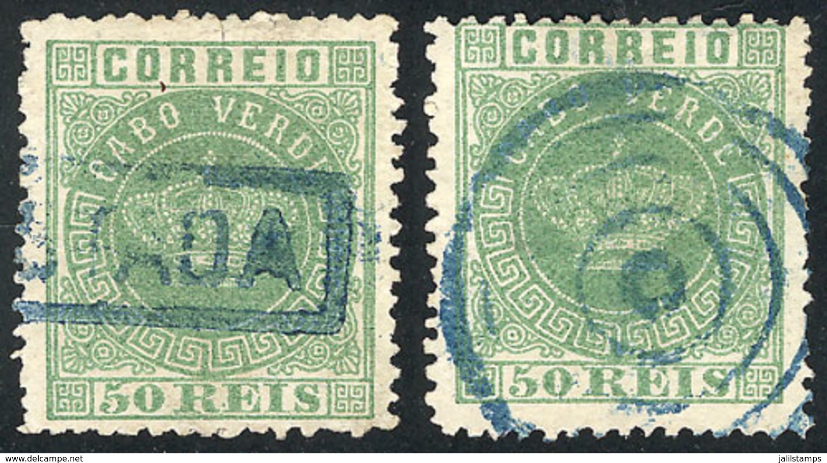 971 CAPE VERDE: Sc.6, 1877 50r. Green, Perf 12½, 2 Used Examples With Different Cancels, Catalogue Value US$145, VF Qual - Kap Verde