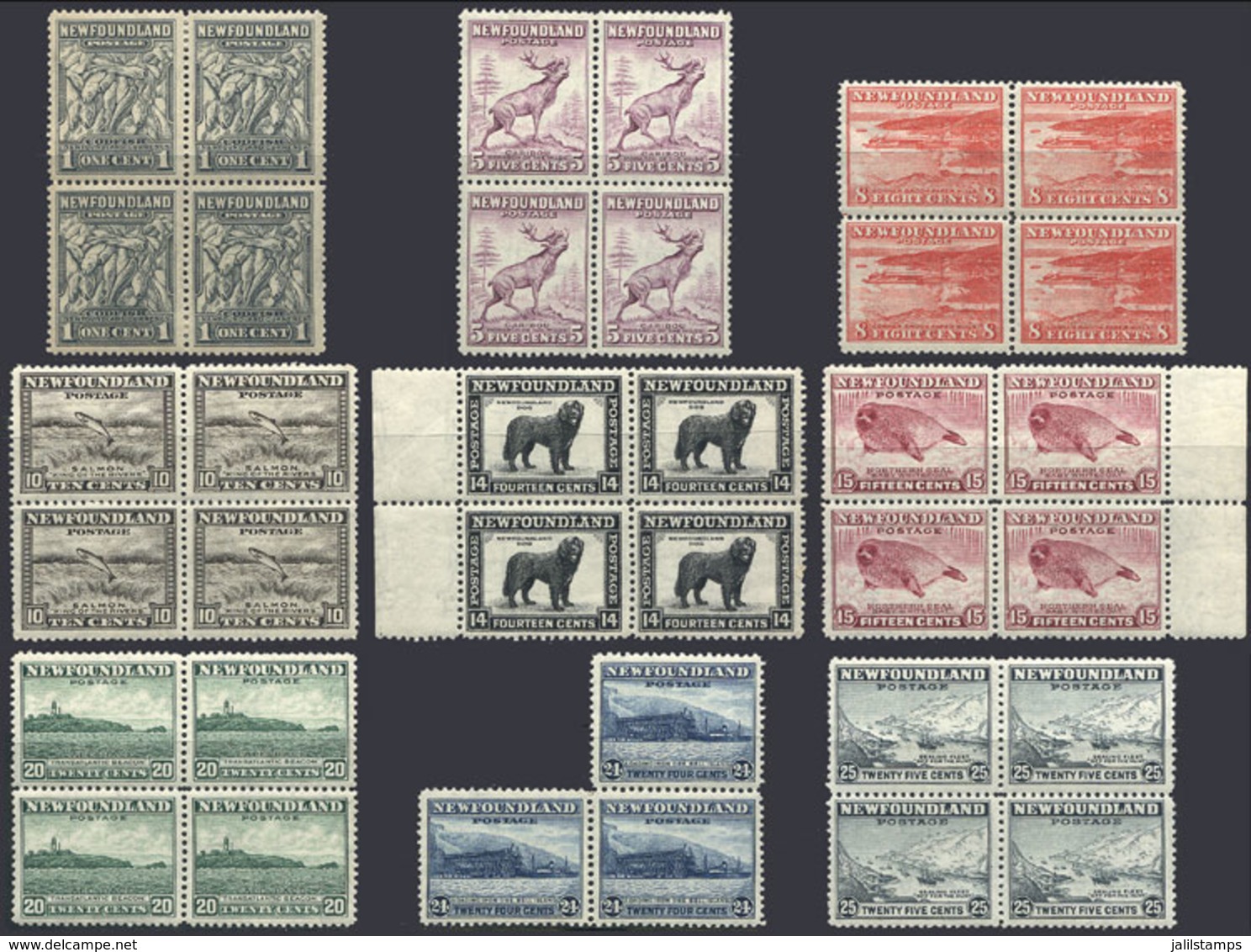 983 CANADA: Sc.253 + 257 + 259/265, 9 Unmounted Blocks Of 4 (the 1c. With Hinge Mark, And Only 3 Stamps Of 24c.), Excell - 1908-1947
