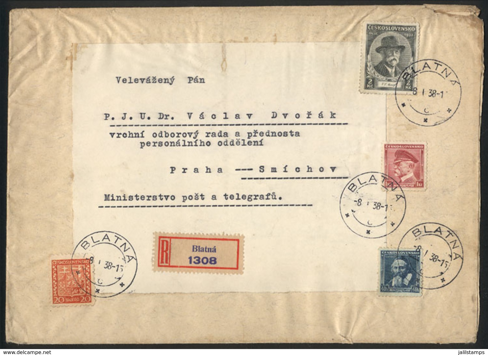 1011 CZECHOSLOVAKIA: Registered Cover Sent From Blatná To Praha On 8/JA/1938, Very Nice! - Other & Unclassified