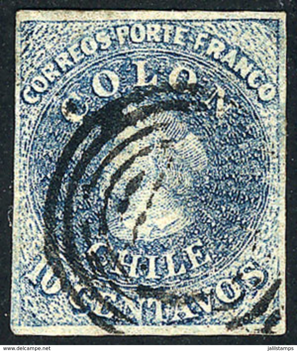 1019 CHILE: Yvert 6b, 1856/66 10c. Light Blue, 4 Complete Margins, VF Quality - Chile