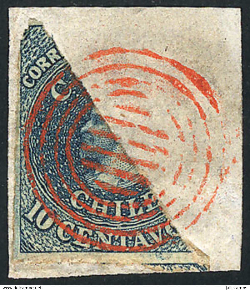 1021 CHILE: Yvert 6c (Sc.10n), 10c. Bisect On Fragment With Nice Red Cancel '6 Bars Inside Circles', Rare, Excellent Qua - Chile