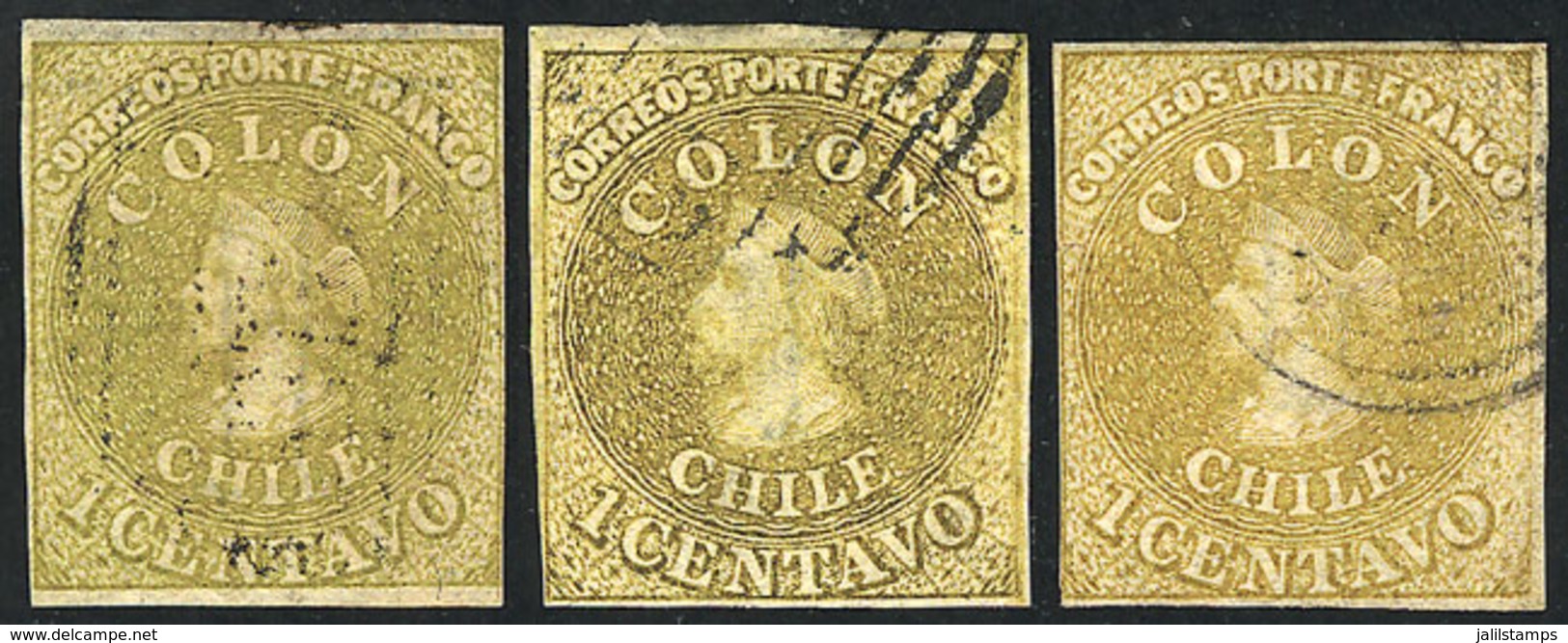 1023 CHILE: Yv.7 (Sc.11), 1862 Colombus 1c. Yellow, 3 Used Examples (different Shades), All With 4 Margins, VF! - Chili