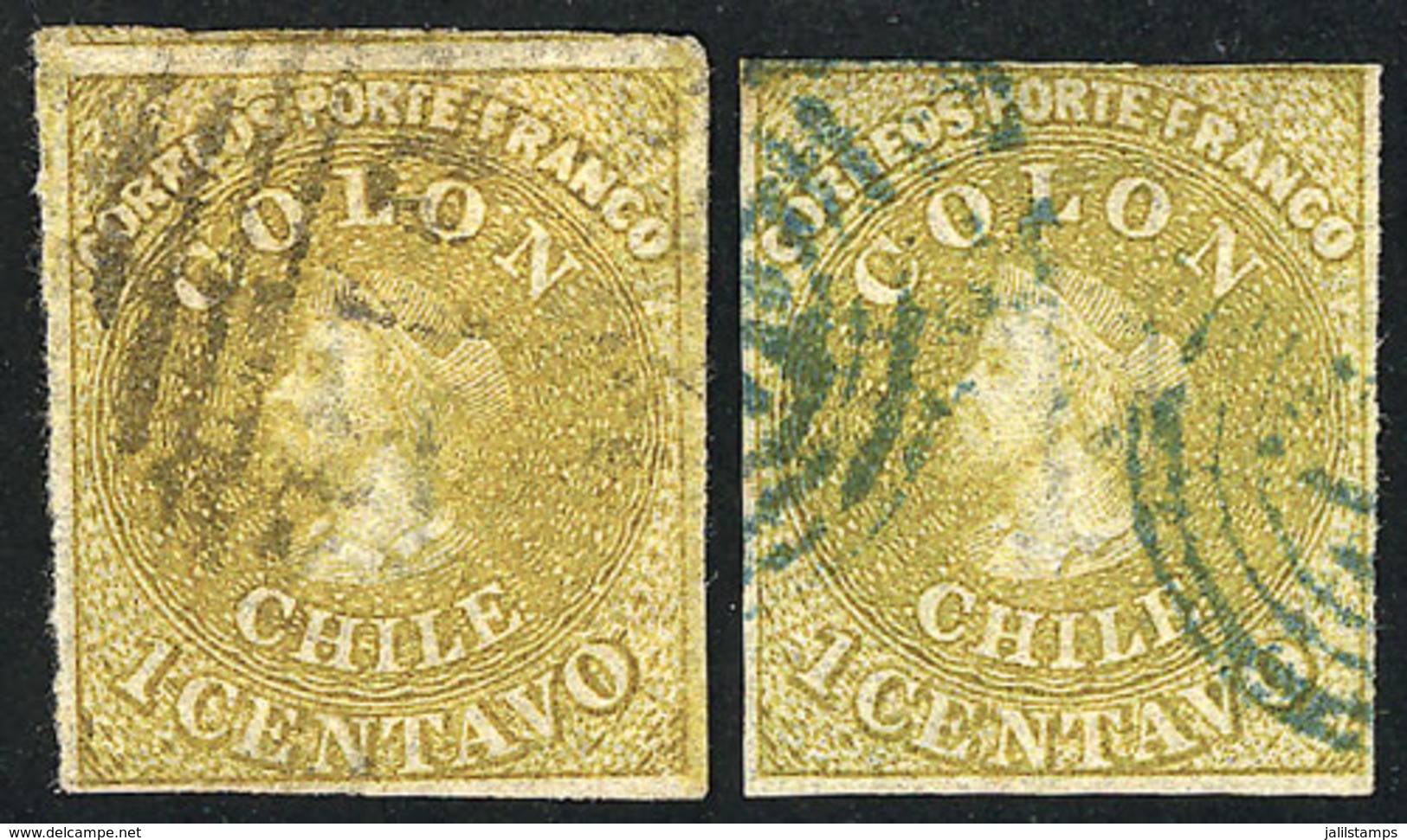 1024 CHILE: Yvert 7, 1862 1c. Lemon Yellow And Green-yellow (Sc.11 And 11b), Postally Used, With 4 Complete Margins, VF  - Chile