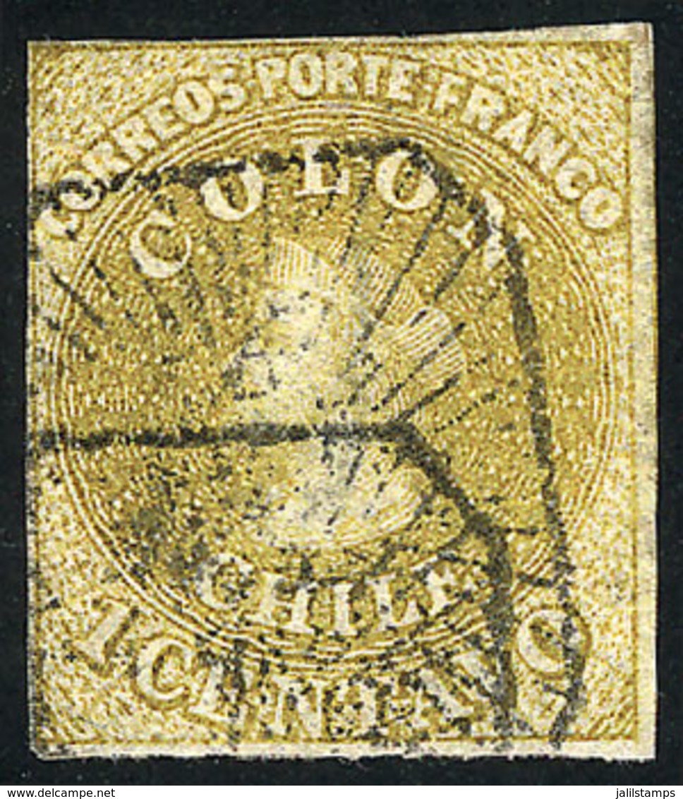 1025 CHILE: Yvert 7 (Sc.11), 1862 1c. Lemon Yellow, Postally Used, With 4 Complete Margins, VF! - Chile