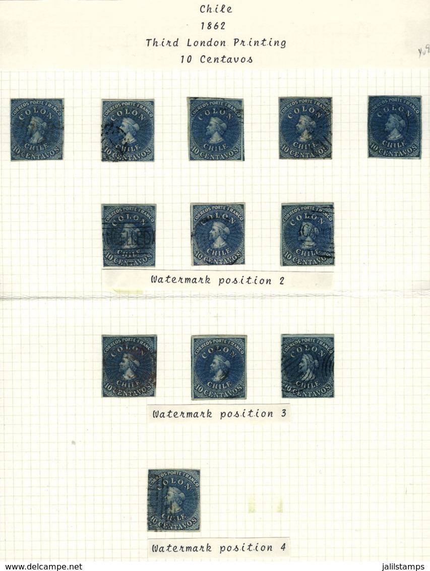 1026 CHILE: Yv.9, 9a (Sc.12, 12b), Page Of An Old Specialized Collection With 12 Used Examples, All With 4 Margins, VF G - Chile