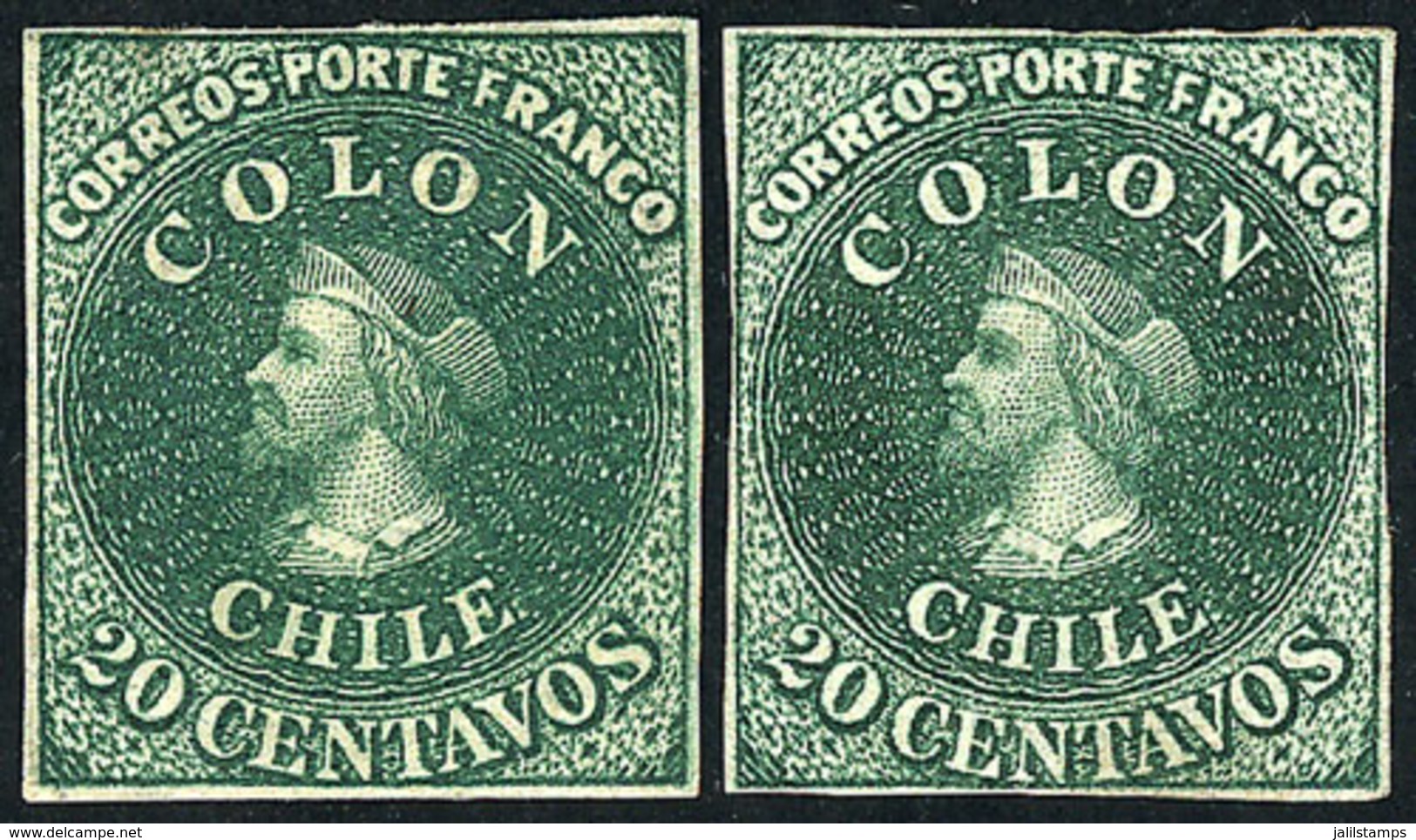 1027 CHILE: Yv.10 (Sc.13), 1861 20c. Green, 2 Mint Examples, Different Shades, Both With 4 Margins But One With Small Th - Chile