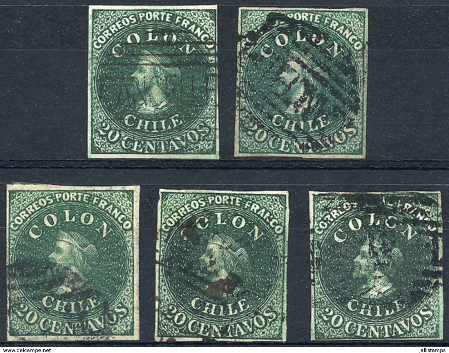 1028 CHILE: Yv.10 (Sc.13), 1861 20c. Green, 5 Used Examples, DIFFERENT SHADES, All With 4 Margins, Fine To VF Quality, S - Chile