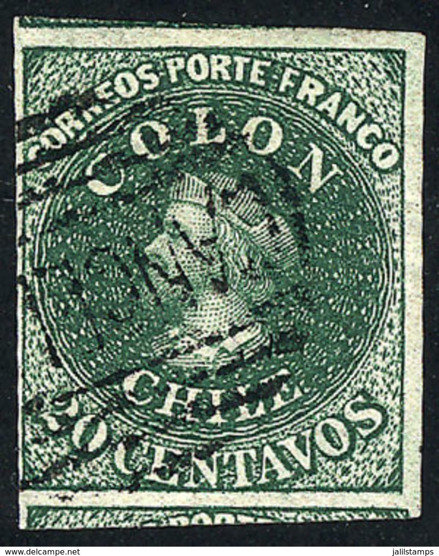 1029 CHILE: Yvert 10 (Sc.13), 1861/7 20c. Green, Fantastic Example With Huge Margins (with Part Of Neighboring Stamps),  - Chile