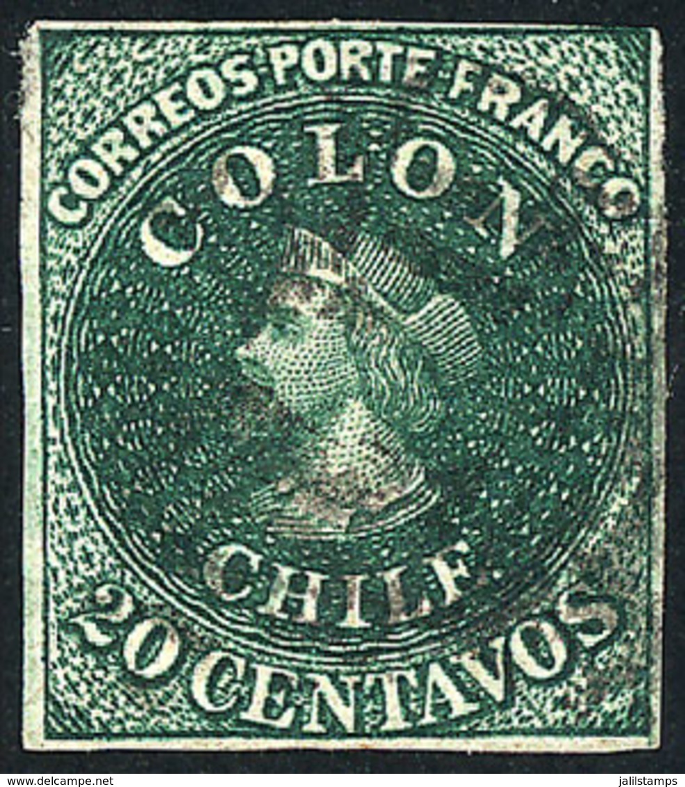 1030 CHILE: Yvert 10a (Scott 13), 1862 20c. Dark Green, With 4 Good Margins, VF Quality! - Chile