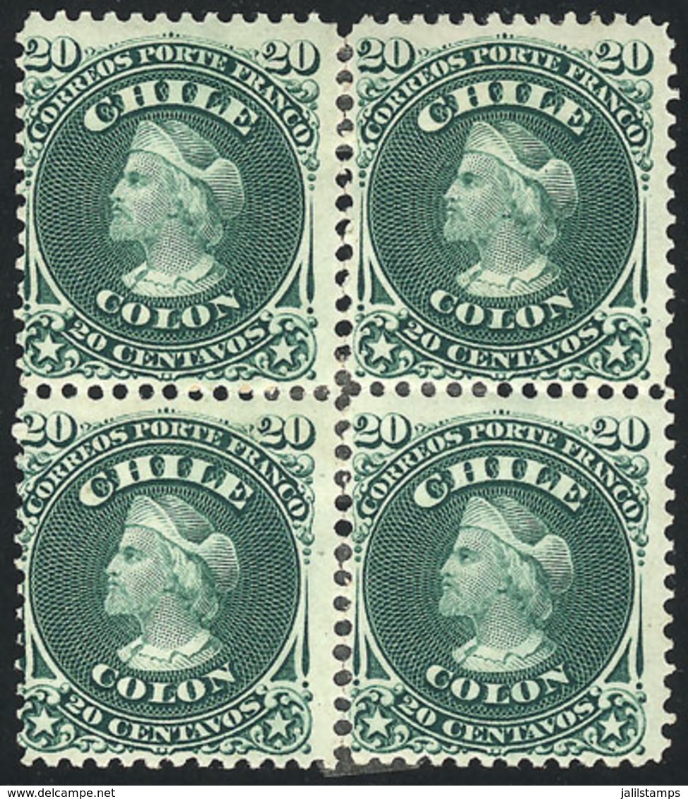 1035 CHILE: Yvert 15 (Sc.19), 1867 Colombus 20c. Green, Block Of 4 Mint Original Gum (actually These Are 2 Vertical Pair - Chili