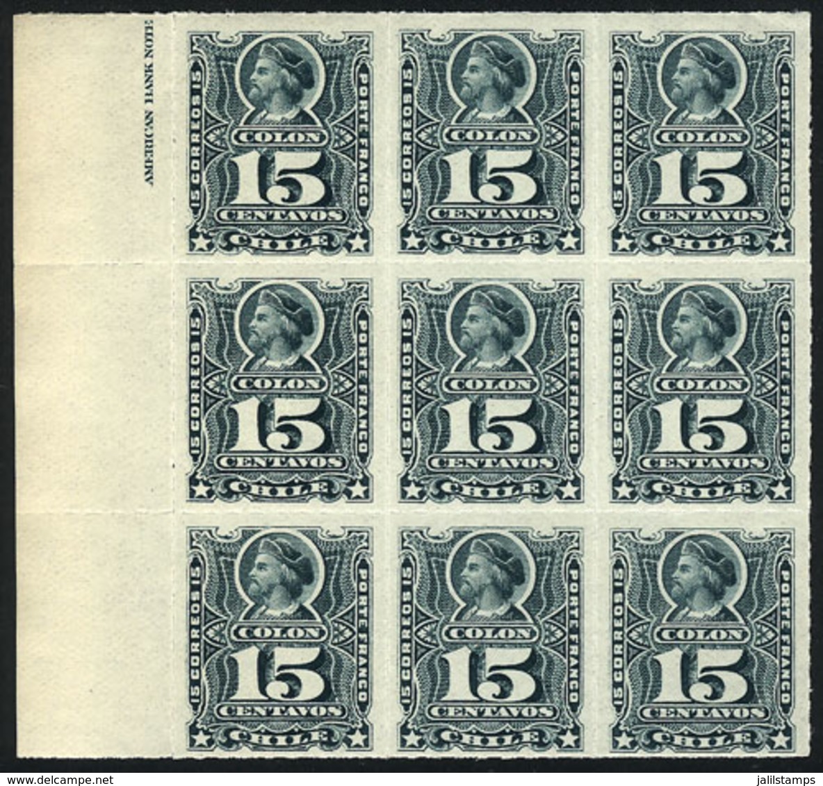 1038 CHILE: Yv.26 (Sc.30), Fantastic Marginal Block Of 9, MNH, As Fresh As The Day It Was Printed, Superb! - Chile