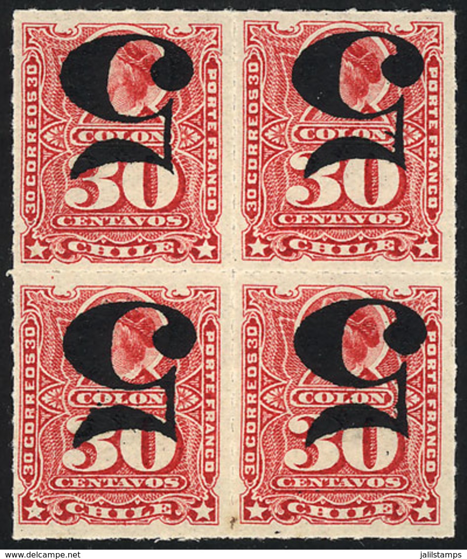 1041 CHILE: Yv.41a (Sc.50a), Block Of 4 With INVERTED Overprint, MNH, Excellent Quality, Scott Catalog Value US$380. - Chile