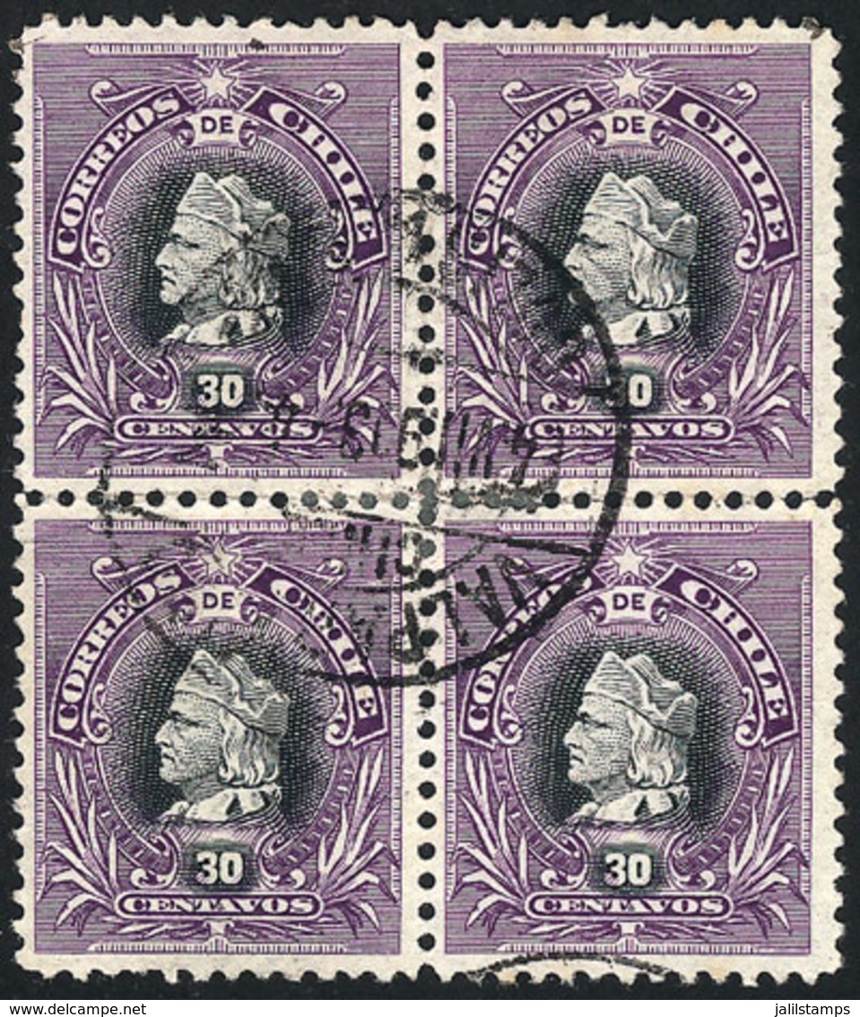 1042 CHILE: Yv.46 (Sc.55), Used Block Of 4 Of 30c., Rare, Fine Quality (the Horizontal Perforations Are Very Weak, And R - Chile