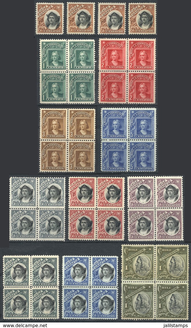 1044 CHILE: Yv.55/65 (Sc.68/78), 1905/9 Colombus, Cmpl. Set Of 11 Values In Mint Blocks Of 4 (there Are 4 Singles Of The - Chile