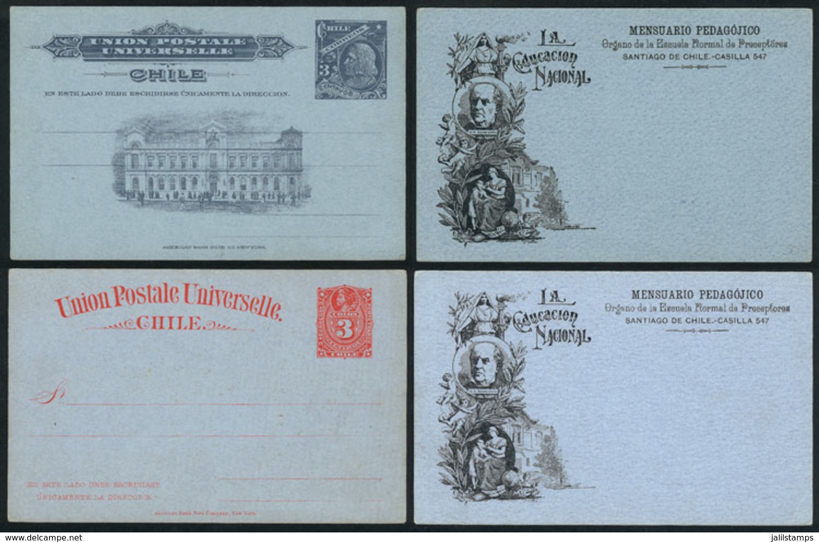 1050 CHILE: 2 Postal Cards Of 3c. With Impression On Back Of The Monthly La Educación Nacional (bulletin Of Escuela Norm - Chile