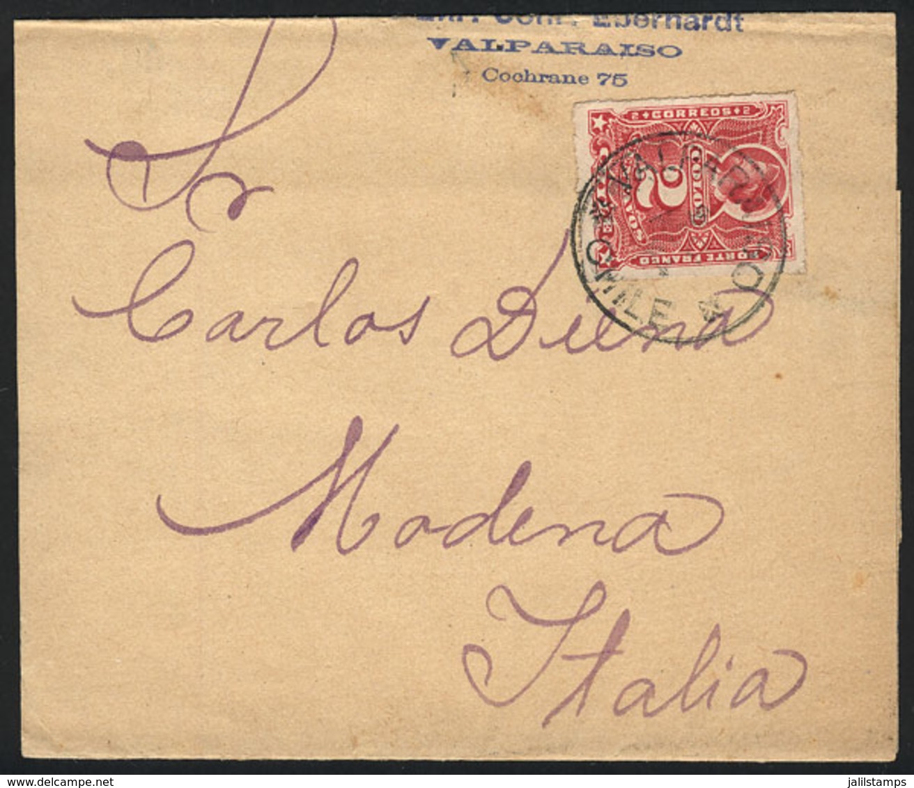 1056 CHILE: Wrapper Franked With Colombus 2c. Rouletted (Sc.26), Sent From Valparaiso To Italy (circa 1894), Excellent Q - Chile