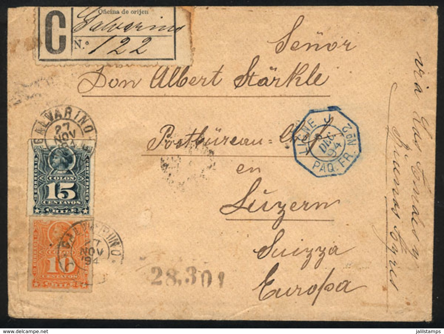 1057 CHILE: Registered Cover Sent From GALVARINO To Switzerland On 27/NO/1894 Franked With 25c., With Blue Octagonal Mar - Chile