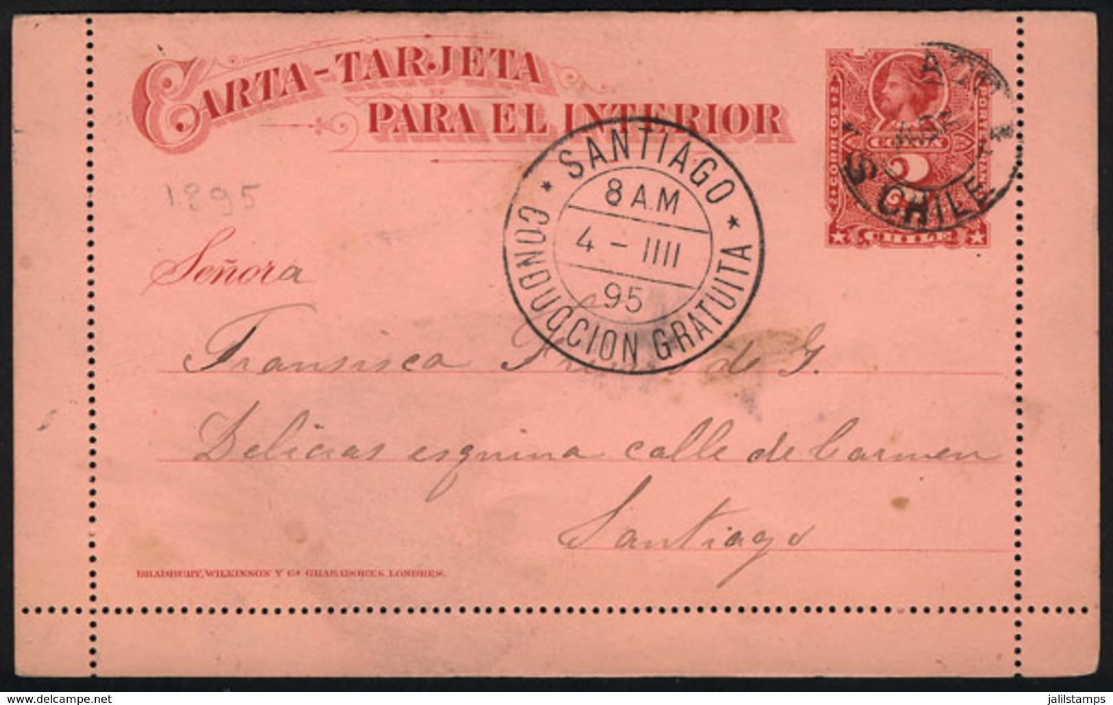 1058 CHILE: 2c. Lettercard Used In Santiago On 2/AP/1895, Datestamp With Date ERROR (the Month Alone, Without Day Or Yea - Chile