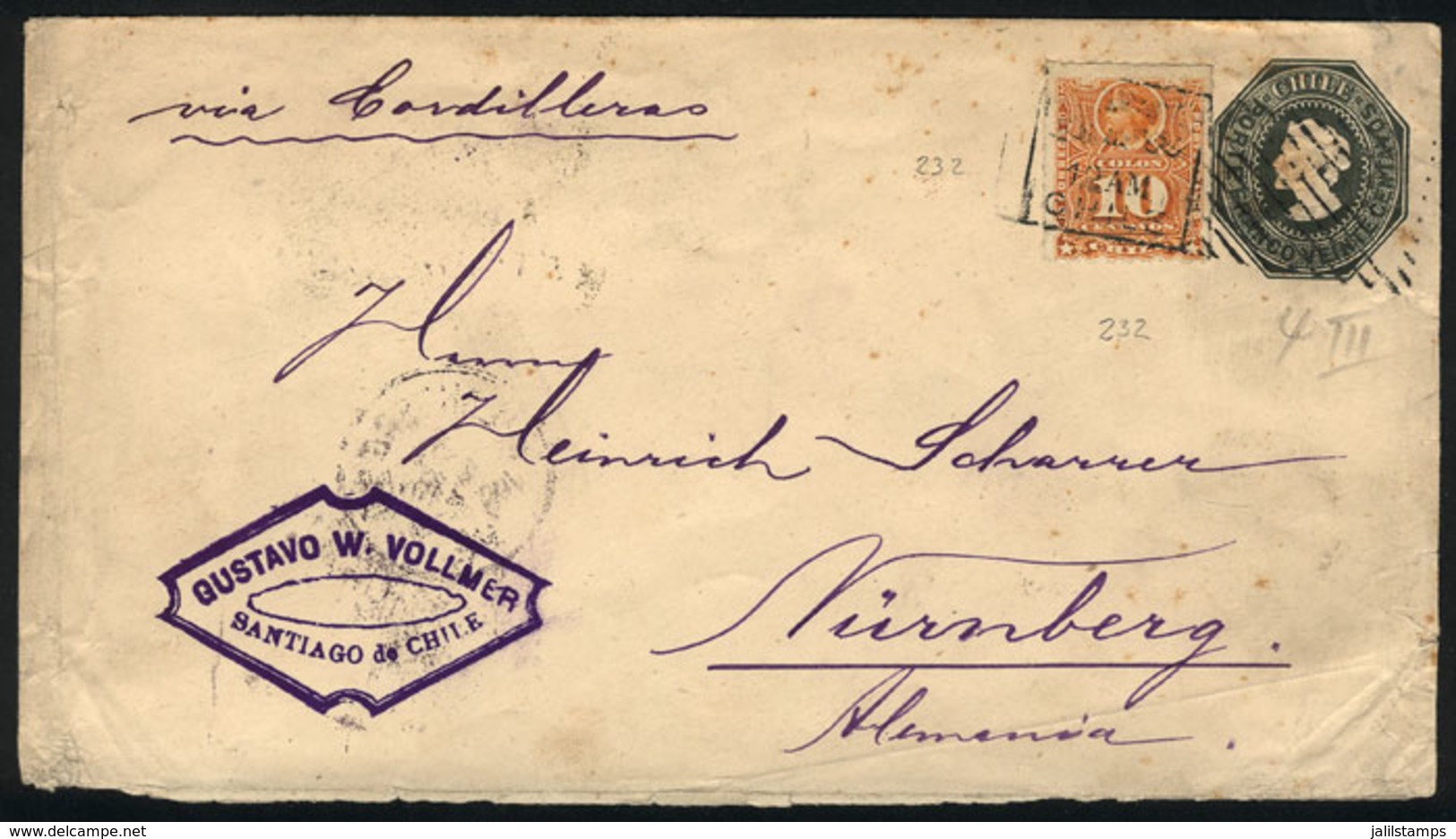 1059 CHILE: Stationery Envelope Of 20c. (green) + Colombus 10c. Rouletted (Sc.29), Sent From Santiago To Germany In FE/1 - Chile