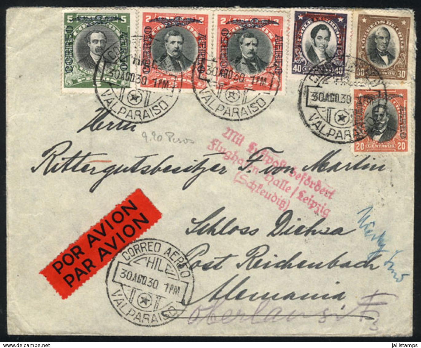 1064 CHILE: Airmail Cover Sent From Valparaiso To Germany On 30/AU/1930 With Good Postage Of 9.90P., VF Quality! - Chile