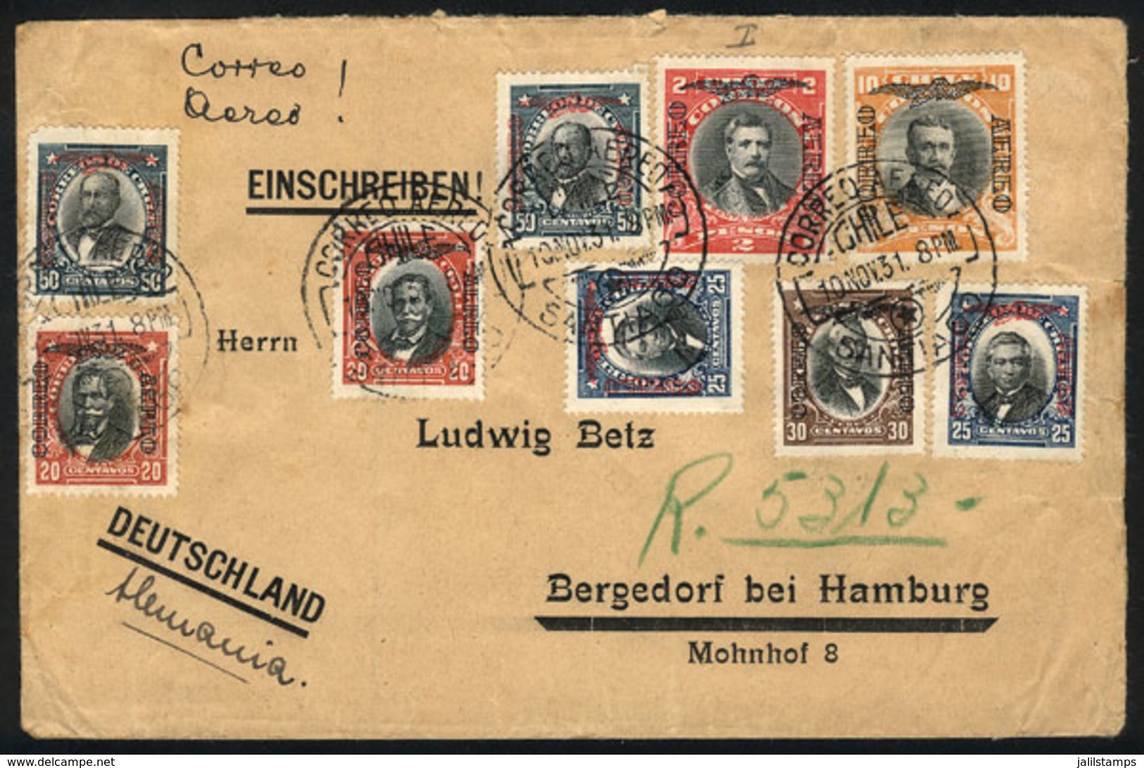 1065 CHILE: Airmail Cover Sent From Santiago To Germany On 10/NO/1931 With Beautiful Multicolor Postage Of Overprinted S - Chile