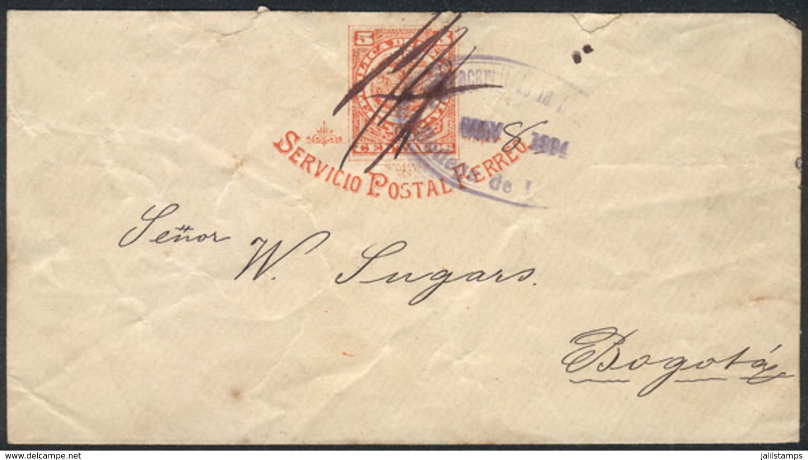 1096 COLOMBIA: 5c. ""Serovico Postal Ferreo"" Stationery Cover Sent To Bogotá In MAY/1894, With Violet Oval ""Ferrocarri - Kolumbien