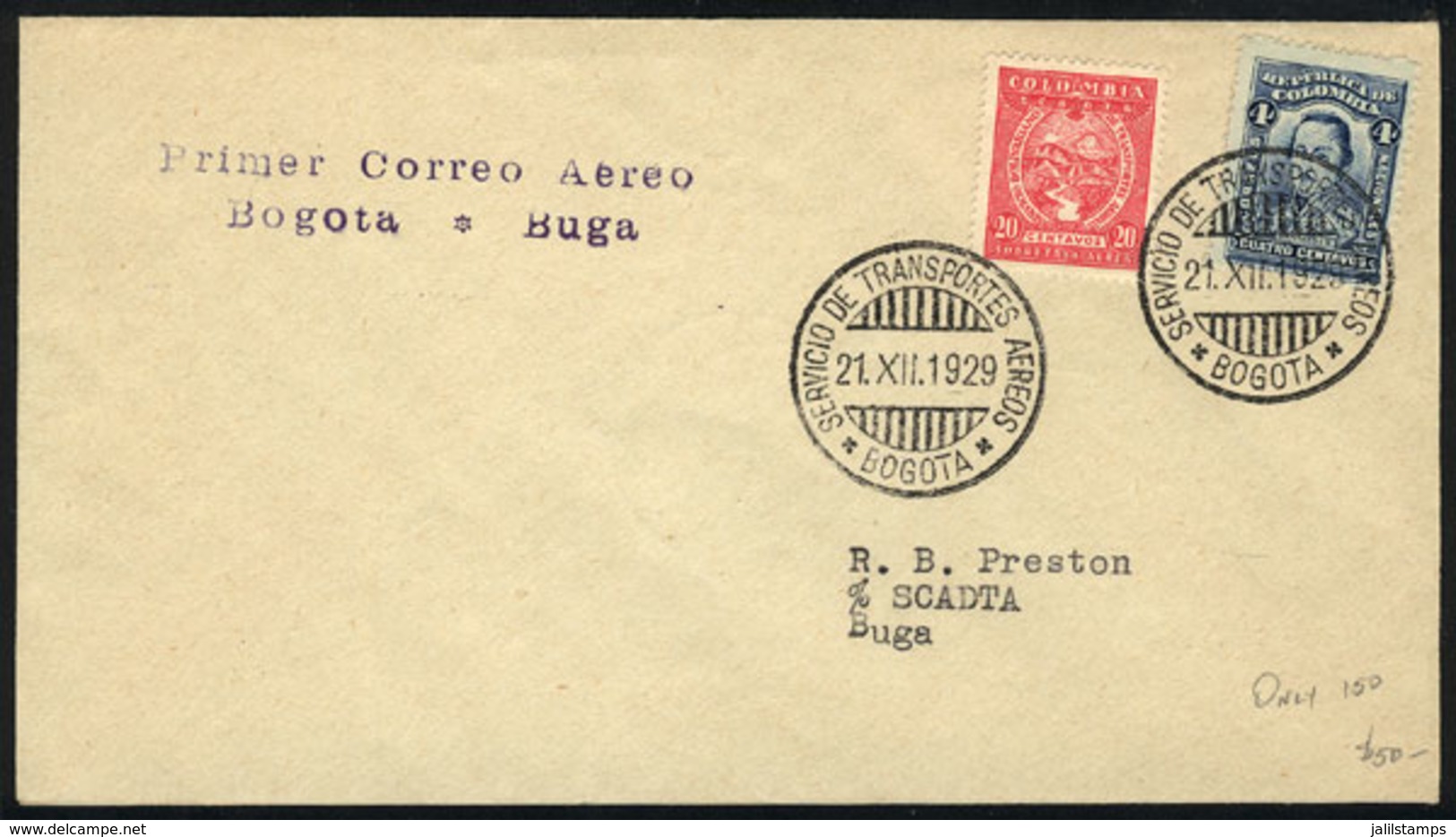 1097 COLOMBIA: 21/DE/1929 Bogotá - Buga: First Airmail, One Of The 150 Flown Covers, With Arrival Backstamp, VF Quality! - Colombia