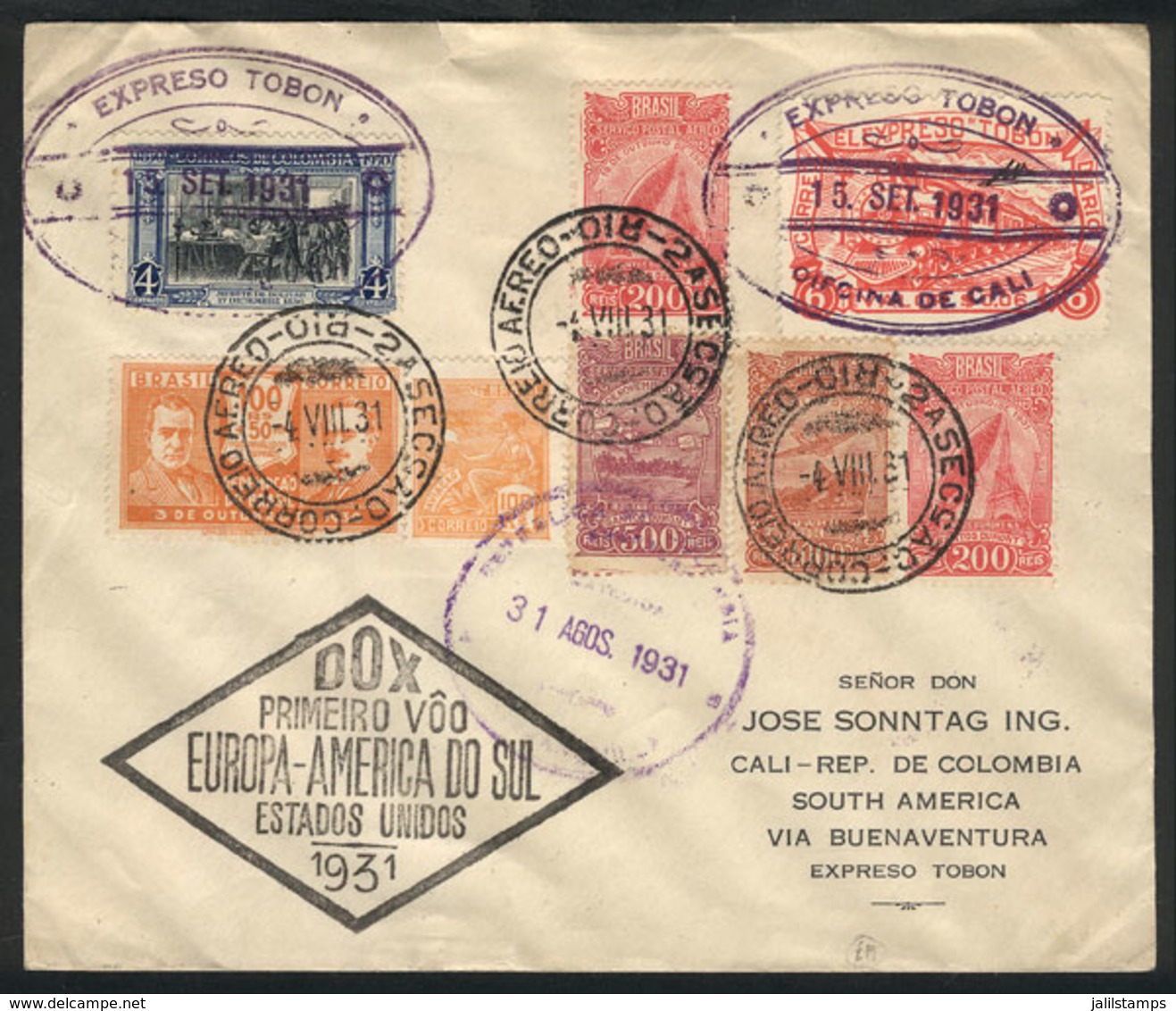 1098 COLOMBIA: EXPRESO TOBON Combined With DO-X FLIGHT From Brazil To Trinidad: Cover Sent From Rio De Janeiro (4/AU/193 - Colombia