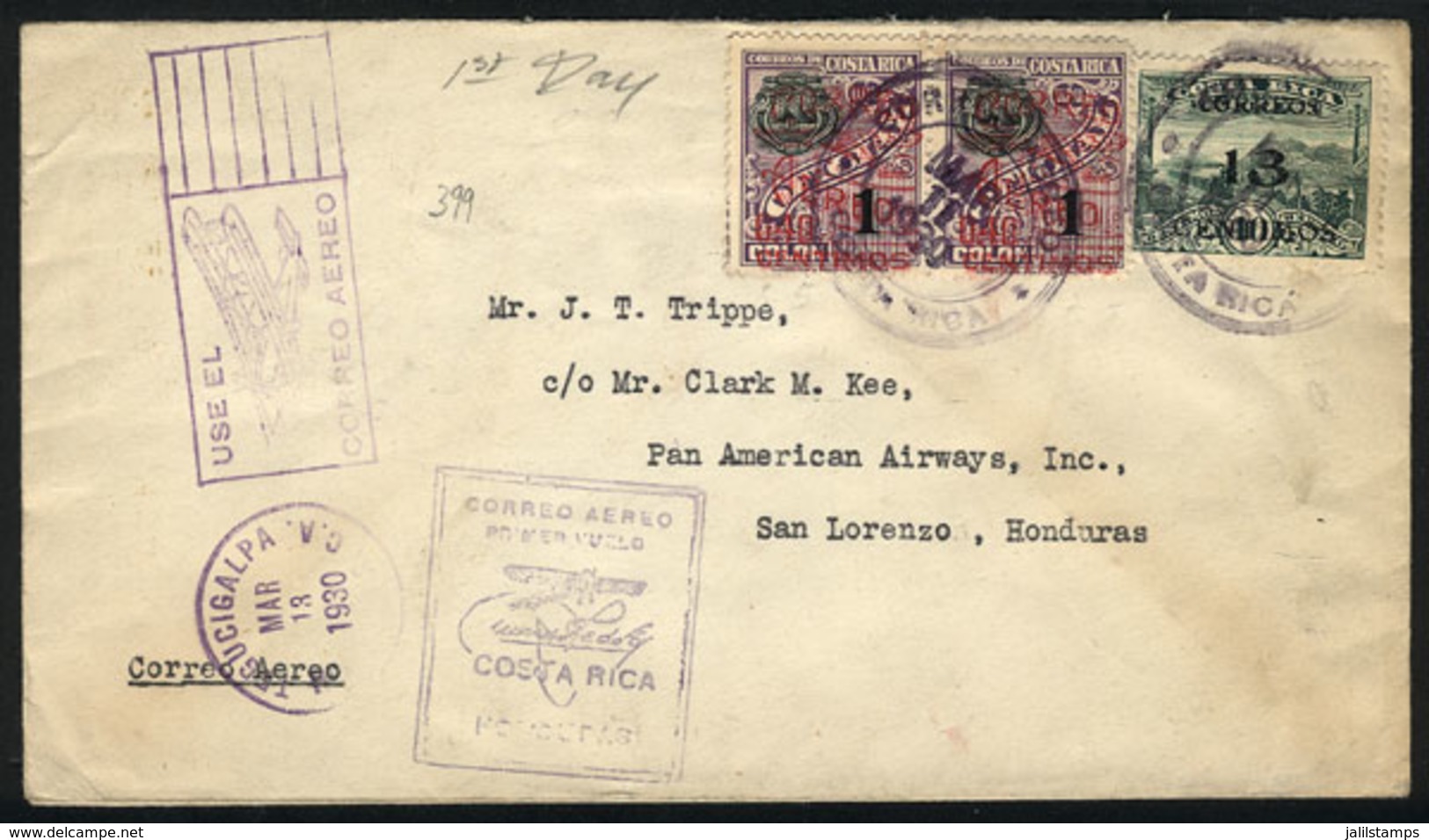 1131 COSTA RICA: 11/MAR/1930 Costa Rica - Honduras First Flight, Cover Sent To San Lorenzo (on Back Tegucigalpa Transit  - Costa Rica