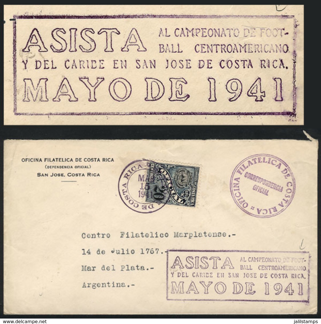 1132 COSTA RICA: TOPIC FOOTBALL: Official Cover Sent To Argentina On 15/MAR/1941, With Special Mark: 'Attend The Central - Costa Rica