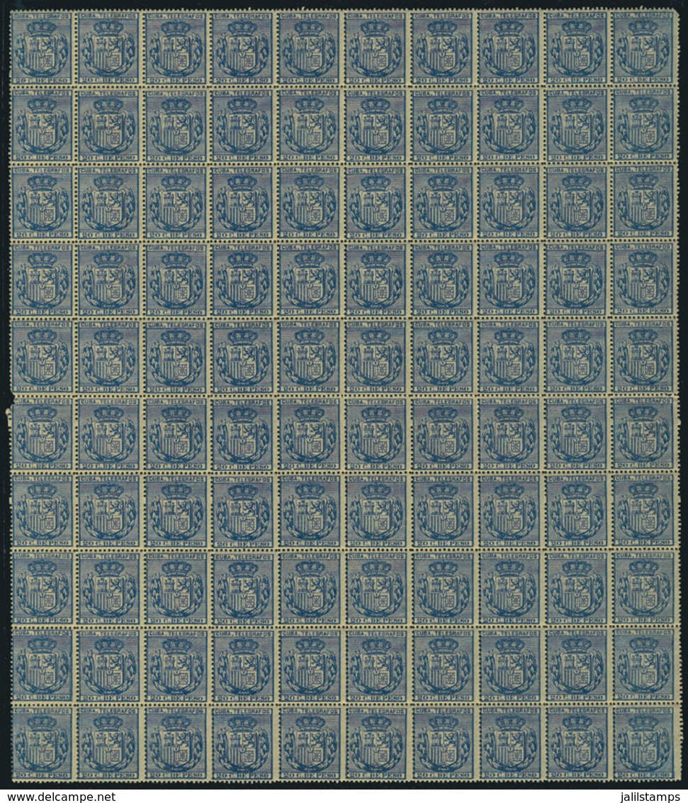 1141 CUBA: Yvert 76, 1894 20c. Blue, Fantastic Block Of 100 Examples, Unmounted, Excellent Quality (2 Stamps With Minor  - Telegraphenmarken