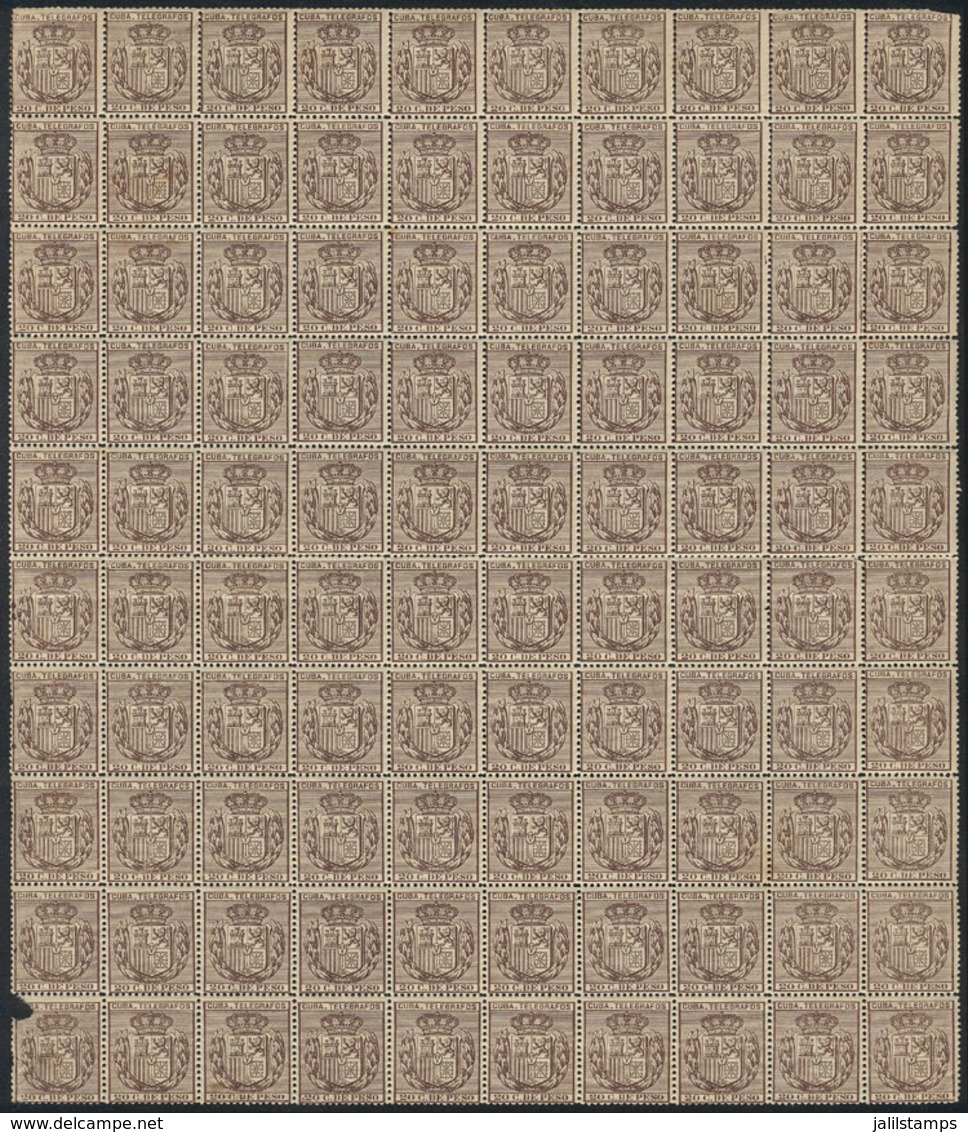 1144 CUBA: Yvert 80, 1896 20c. Sepia, Fantastic Block Of 100 Examples, Unmounted, Excellent Quality (5 Stamps With Minor - Telegraphenmarken