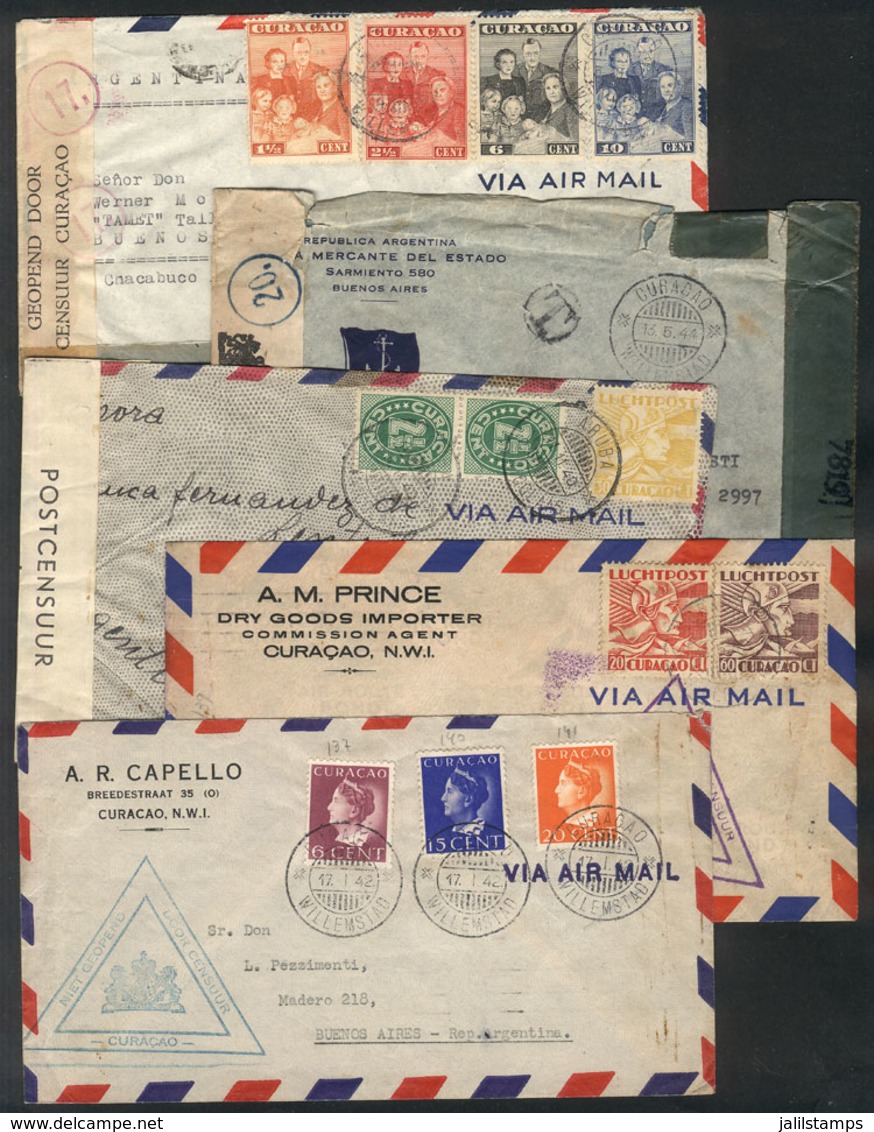 1147 CURACAO: 5 Covers Sent To Argentina Between 1940 And 1944, ALL Censored, Fine General Quality (some With Minor Faul - Curacao, Netherlands Antilles, Aruba