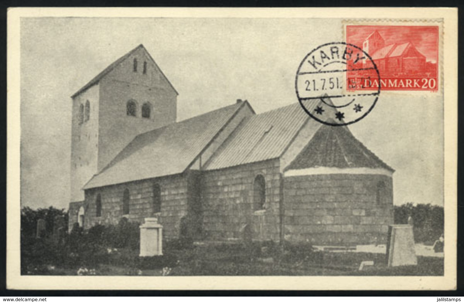 1153 DENMARK: Maximum Card Of JUL/1951: A Church, With Cancel Of Karby, VF Quality - Cartoline Maximum