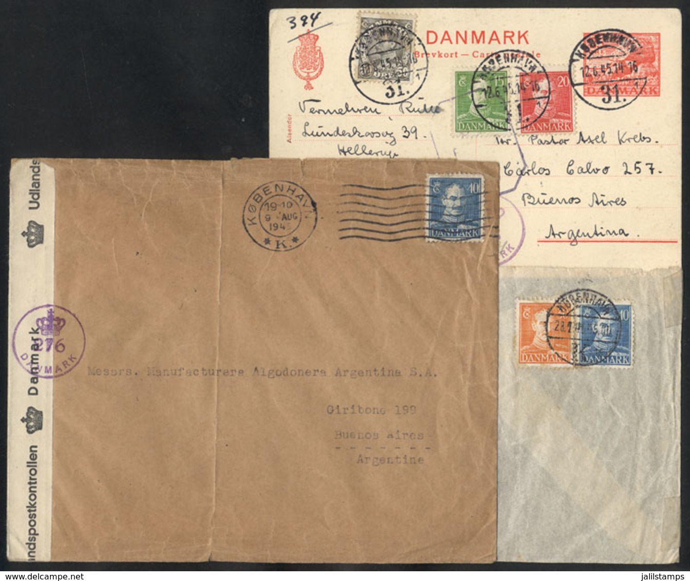 1156 DENMARK: 2 Covers + 1 Card Sent To Argentina In 1945, CENSORED, Fine General Quality (one With Minor Defects), Inte - Other & Unclassified