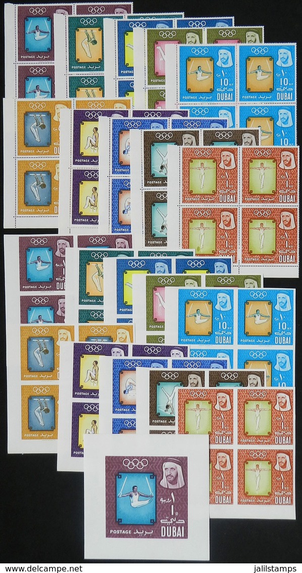1168 DUBAI: Sc.43/52, 1964 Tokyo Olympic Games, Perforated And IMPERFORATE Blocks Of 4 + Imperforate Souvenir Sheet, Unm - Dubai