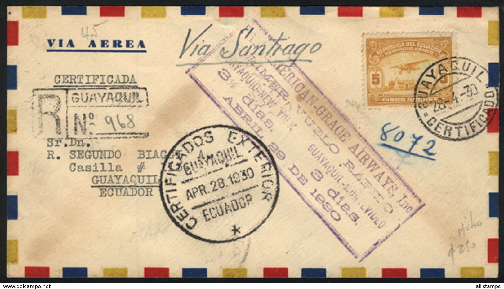 1174 ECUADOR: 28/AP/1930 PANAGRA First Flight Guayaquil - Santiago De Chile (Mü.45): Cover With Special Markings On Fron - Ecuador