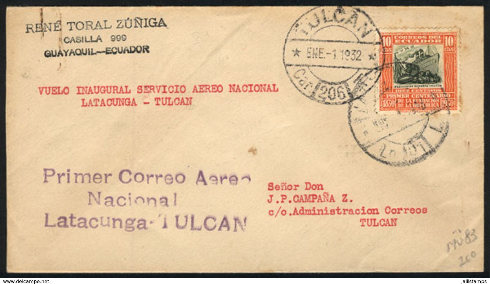 1178 ECUADOR: 1/JA/1932 Quito - Tulcan First Airmail (Mü.86), With Special Handstamp Of The Flight And Arrival Mark, All - Ecuador