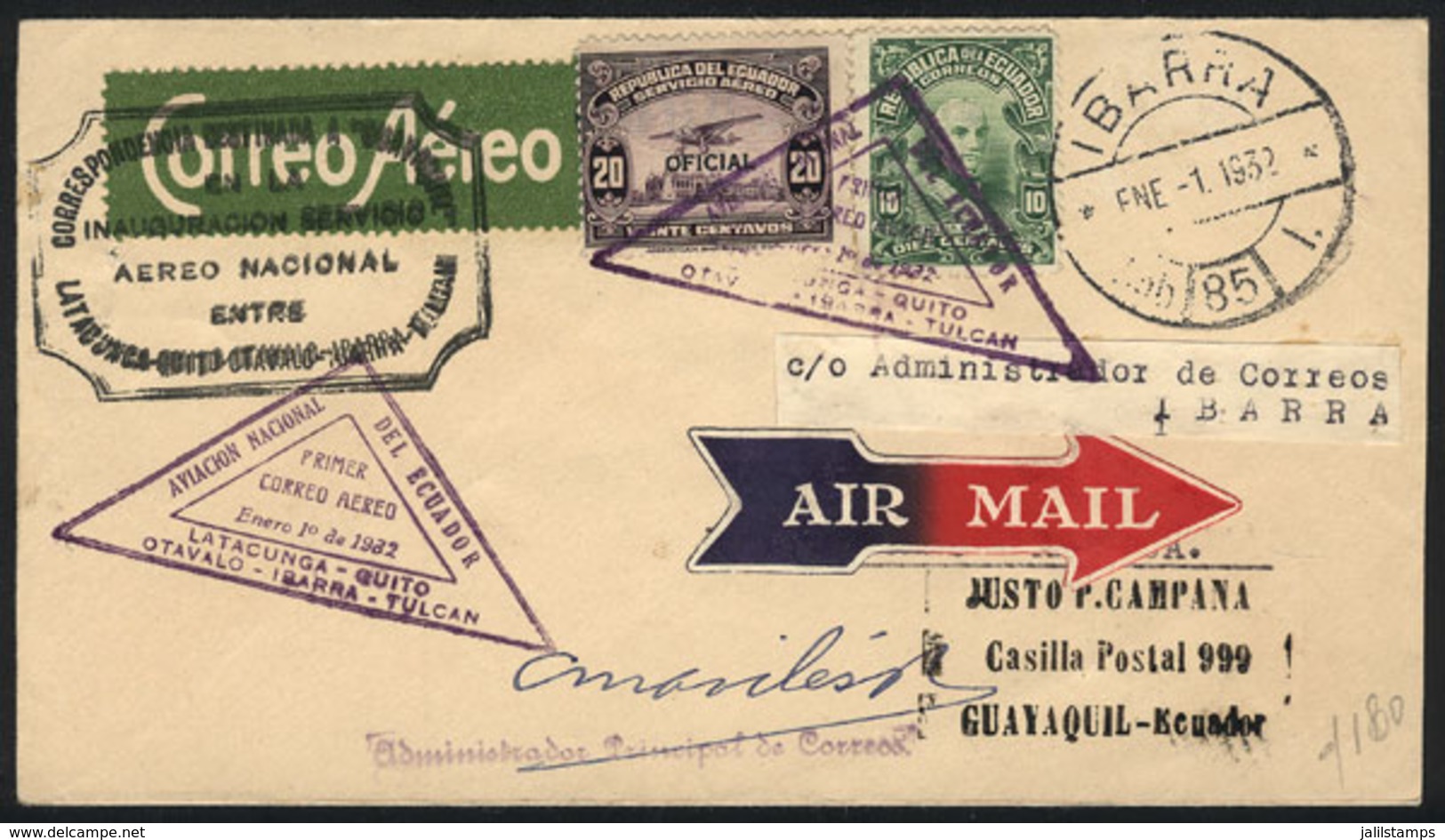1180 ECUADOR: 1/JA/1932 Ibarra - Guayaquil, Cover Carried On First Flight Latacunga - Quito - Otavalo - Ibarra - Tulcan, - Ecuador