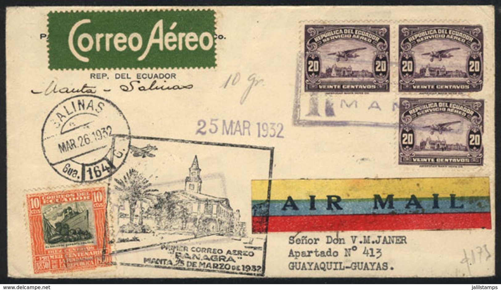 1181 ECUADOR: 25/MAR/1932 Manta - Salinas - Guayaquil (Mü.92): PANAGRA First Flight, Nice Cover With Special Markings An - Ecuador
